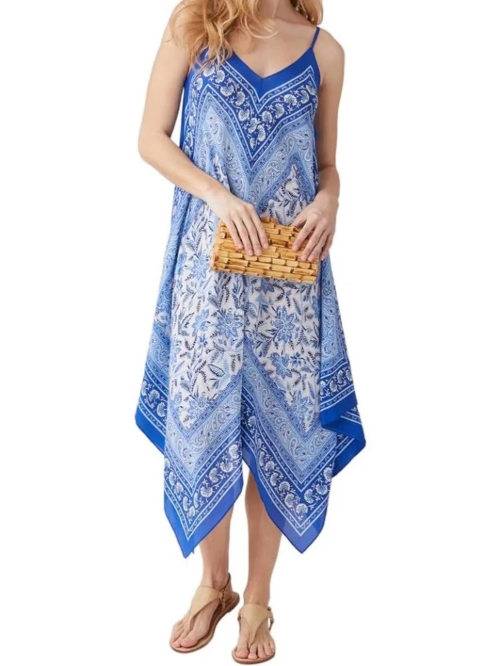 J McLaughlin Blue Grecian Print Silk Asymmetrical Dress XS/S